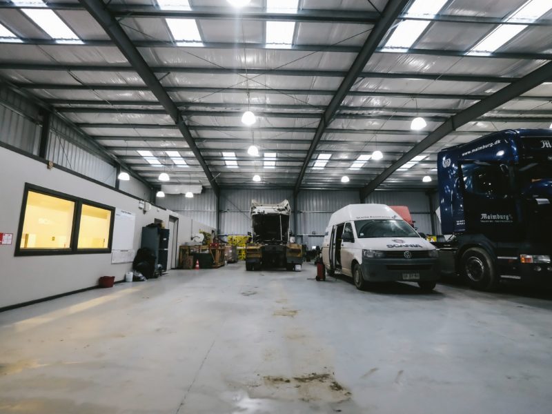 Prefab Steel Building Automotive Workshop. 85x87 Scania Warehouse located in Punta Arenas, Chile.